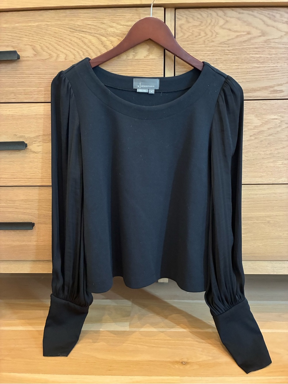 Anthropologie Black Long-Sleeve Pleated-Sleeve Top